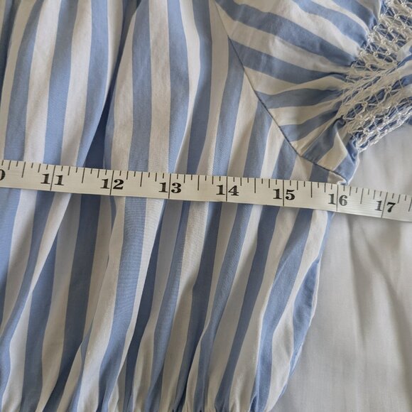 J Crew Mini Dress Women's Medium Blue White Stripe Off-Shoulder Smocked Poplin - Picture 13 of 14